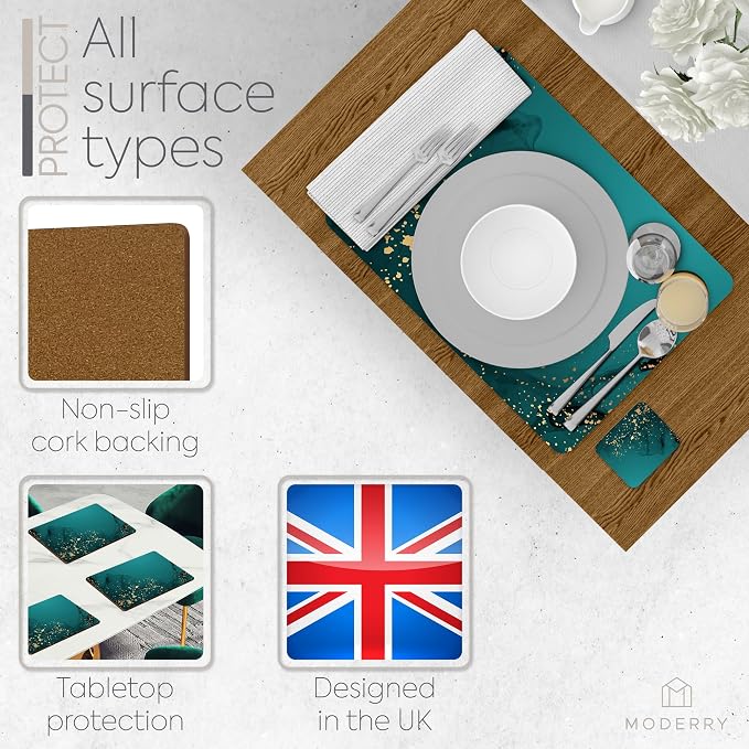 Set of 4 Heat Resistant Cork Placemats for Dining Table with Free Set of 4 Matching Drink Coasters Deep Green and Gold Design 16 x 12 Inches Cork Backed Hard Placemats (Green Serenity) - Image 5
