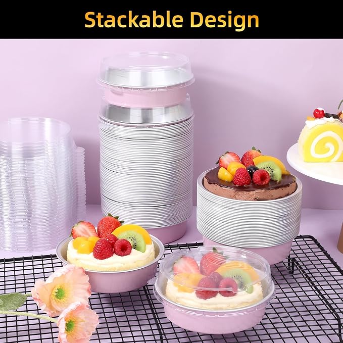 Beasea 7.3oz Mini Pie Pans with Lids, 120 Pack 4 Inch Disposable Creme Brulee Ramekins Small Aluminum Foil Pie Tart Cake Baking Tin Pans Cheesecake Containers for Party - Pastel Pink - Image 5
