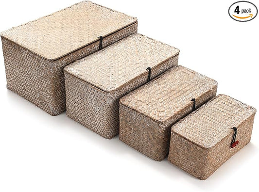 4 Pack, Wicker Baskets with Lids, Natural Seagrass Storage Baskets, Woven Rectangular Basket Bins, Rattan Storage Organizer for Shelf (Whitewashed, Set of 4) by YANGQIHOME