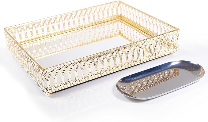 Decorative Tray Mirror Glass Vanity Tray Ornate Makeup Perfume Dresser Jewelry Trinket Organizer for Bathroom Storage & Holiday Home Decor (Rectangle, 12x9in, Gold) by Lindlemann