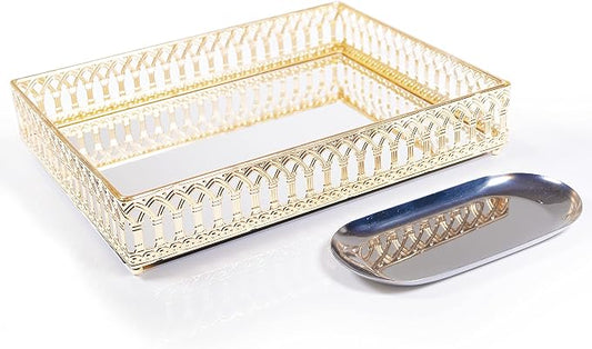 Decorative Tray Mirror Glass Vanity Tray Ornate Makeup Perfume Dresser Jewelry Trinket Organizer for Bathroom Storage & Holiday Home Decor (Rectangle, 12x9in, Gold) by Lindlemann
