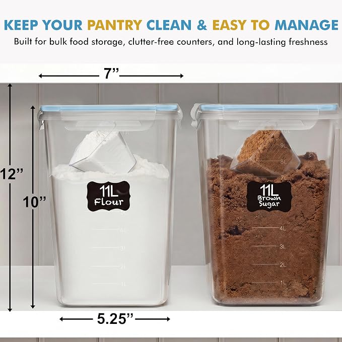 Shazo 2 PC (11L | 372 oz) Flour Sugar Storage Containers with Easy Carry Handle - Plastic Extra Large Food Storage Containers with Lids for Rice Cereal, BPA Free & Airtight Kitchen Pantry Organization - Image 6
