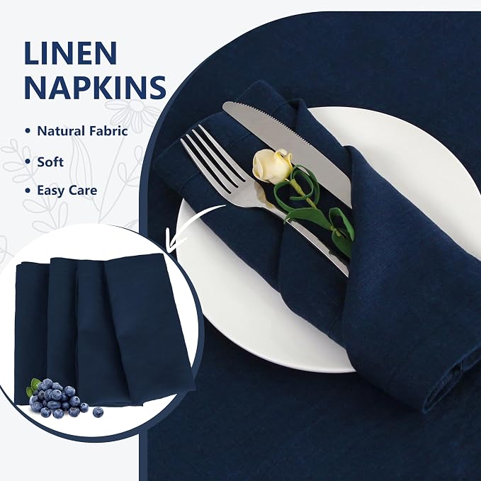 100% Linen Dinner Napkins 20x20 Inch,Soft and Breathable Natural French Flax Cloth Napkins,Stone Washed Set of 4(Navy) - Image 3