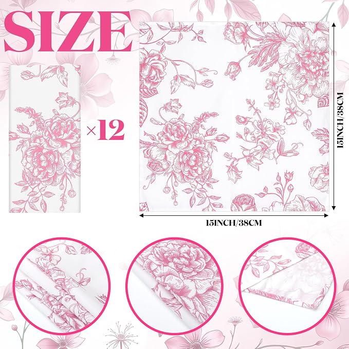 12 Pcs Floral Cloth Napkins 6 Patterns Washable Dinner Tea Party Napkins Reusable Plant Flowers Square Napkin Cotton Towel Decorative for Summer Wildflower Party(Pink Floral) - Image 6