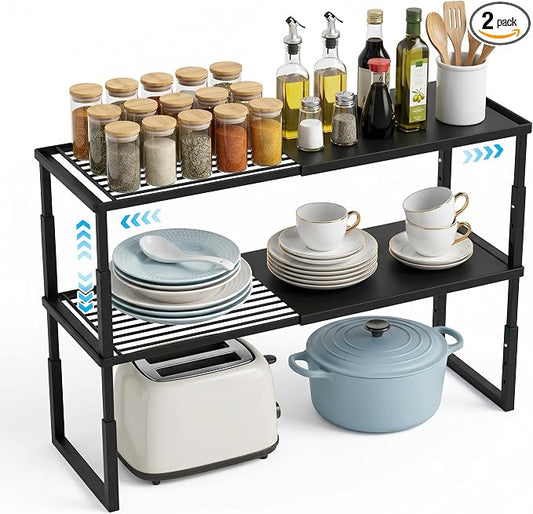 2 Packs Expandable Cabinet Shelf Organizer, Stackable Countertop Shelves | 15.8''- 25.5'' In Cabinet Shelf, Adjustable Kitchen Cabinet Organizer for Pantry Organizer, CupBoard Organizers and Storage by Unknown