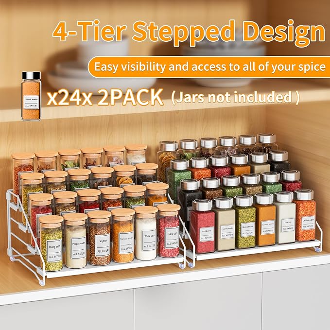 2 Pack Spice Rack Organizer for Cabinet, Depth Adjustable 4 Tier Spice Rack | White, Metal Spice Organization for Cabinet, Easy Visibility, Tiered Spice Rack Perfect for Cabinet, Pantry and Countertop - Image 2