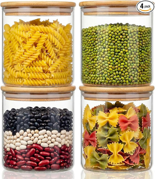 21 oz Glass Jars with Bamboo Lids, Airtight Food Storage Containers, 4 Pack | Round Small Pantry Jars for Spices, Nuts & Seeds , 3mm Borosilicate Glass Canisters Keep Food Fresh, Easy to Fill & Clean by HomArtist