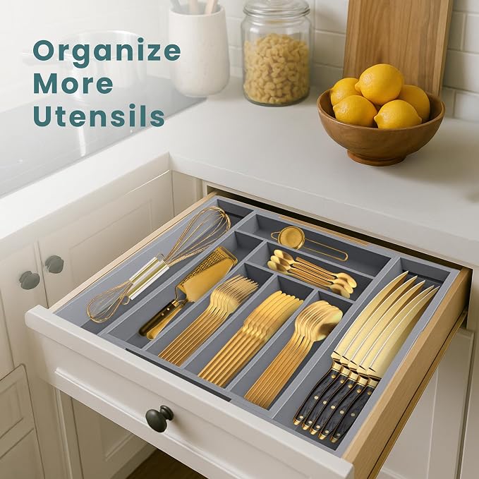 Sben Expandable Drawer Organizer for Utensils Holder, Adjustable Cutlery Tray, 6-8 Slots, Premium Wood Drawer Dividers Organizer for Silverware, Flatware, Knives for Kitchen (Gray) - Image 3
