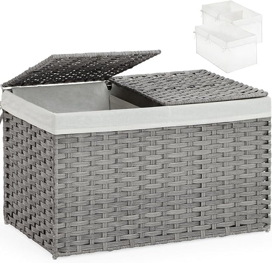 SETVSON Storage Basket with Lid PE Rattan 27.8 Gal Wicker Chest, Gray | 105L Woven Wicker Baskets with 2 Separate Lids, 2 Removable, washable linings, Sturdy Iron Frame, 25.2 x 15.4 x 16.1 Inches by SETVSON