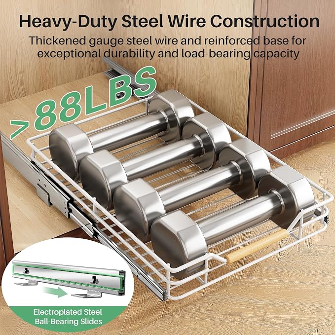 Pull out Cabinet Organizer, 12"W X 21"D, Heavy Duty Smooth Sliding Under Cabinet Shelves for Pots and Pans, Full-Extension Roll out Drawers, Slide out Organization for Home Kitchen Pantry, White - Image 6