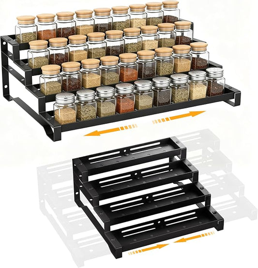 Spice Rack Organizer for Cabinet, 13-21.5" Expandable Spicy Shelf | 11.6" Depth 4-Tier Black Metal Seasoning Organizer, Kitchen Spice Organization, Slip-Resistant Guardrails for Jars and Cans by PEEKUP