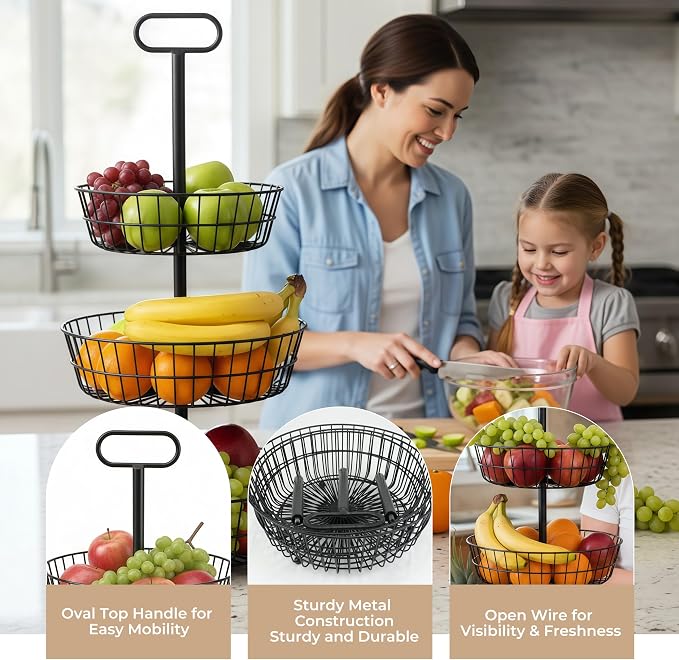 HOSY 3-Tier Metal Round Standing Fruit Basket with Handle, Vegetables Stand | Black, Metal Material, 28.5" Height, 13.5" Diameter, Tool-Free Assembly, for Kitchen Countertop, Dining Table, Party Buffet - Image 2