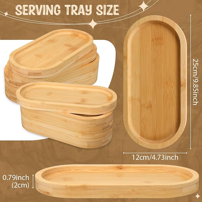 Nuogo 12 Pcs Bamboo Serving Tray 10 x 5 Inch Bamboo Oval Platter Wooden Serving Platter Oval Charcuterie Plates Board Wood Cheese Plate Fruit Wood Tray for Tea Coffee Table Cup Kitchen Dessert Veggie - Image 2