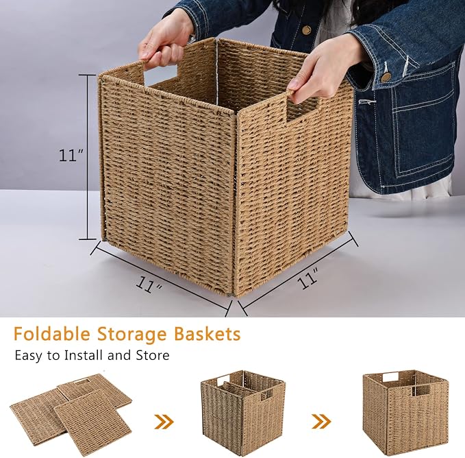 Wicker Storage Basket, Set of 2 Hand-Woven Wicker Basket, 11 inch Storage Baskets for Organizing and Decor, Foldable Cube Storage Organizer Bins Baskets for Shelves, Woven Basket, Natural - Image 6