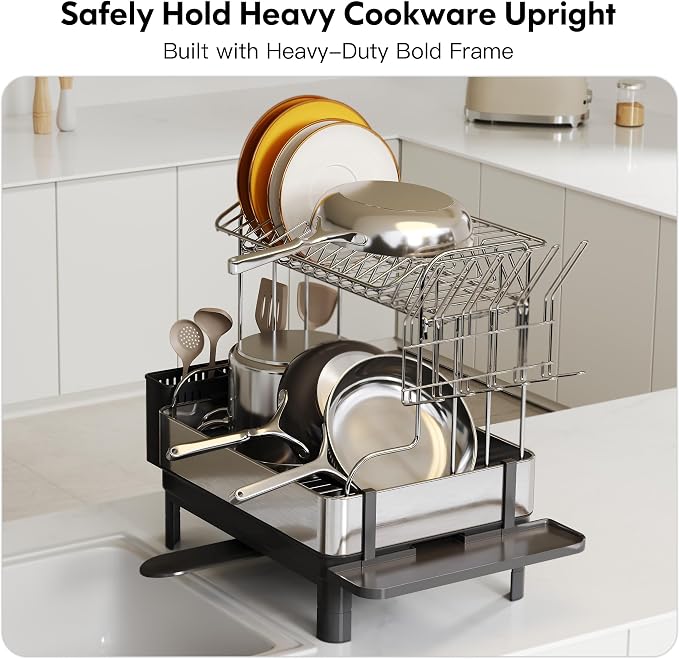 2 Tier Large Stainless Steel Dish Drying Rack with Drain Board | Space Saving, Rust Proof Metal, Automatic Drainage Drainer for Kitchen Counter, Modern Black and Silver for Pots and Pans - Image 8