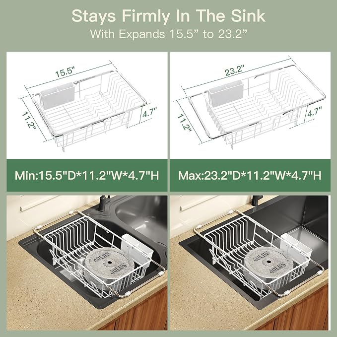 White Dish Drying Rack Over The Sink with Utensil Holder | Expandable Stainless Steel Dish Drainer for Small Kitchen, Apartment, RV, Counter Space Saving, Perfect Fit, Rustproof - Image 3