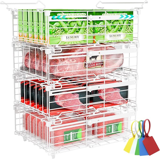 OPENICE Expandable Freezer Organizer Bins for Deep Freezer (4 PCS, White) | Stackable Bins for Chest Freezer Organization | with 5 Tags for Efficient Classification | Fits 10 to 20 Cu.Ft Freezer by OPENICE
