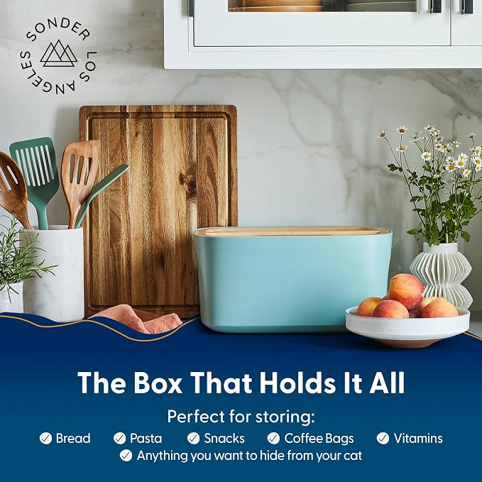 Sonder Los Angeles Union Large Bread Box | Fits Full Sourdough Loaves and More | Breadbox with Cutting Board | Homemade Bread Bin Storage Container | 14.25x9.25x7 in | Blue Green | Bamboo Fiber & Recycled Plastic Body with Reversible Bread Board Lid, K... - Image 6