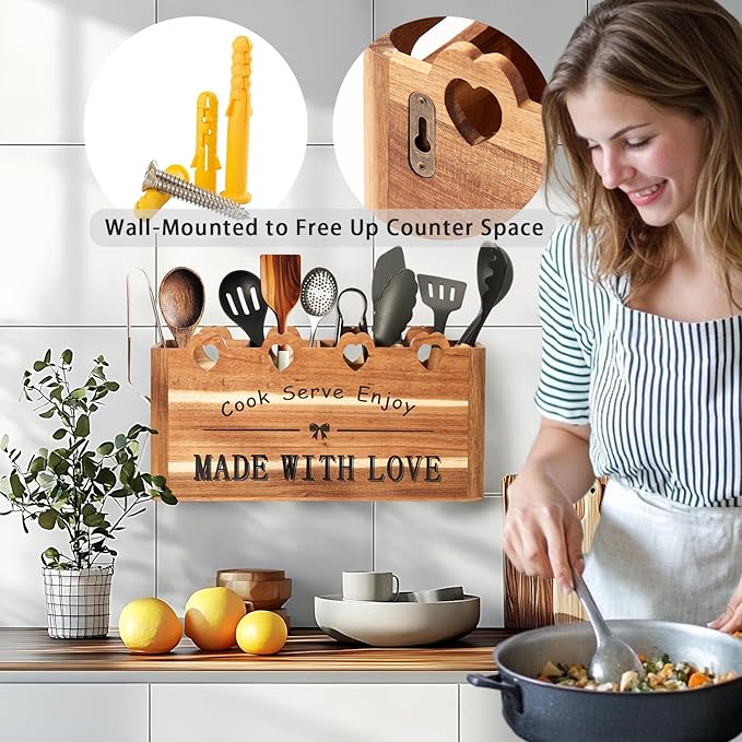 Kitchen Utensil Holder, Large Acacia Wood Organizer for Countertop | Extra Large Farmhouse Style with 4 Compartments, Rustic Wooden Storage for Cooking Tools & Cutlery - Image 2