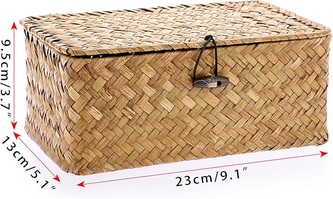 Hipiwe Wicker Shelf Baskets Bin with Lid X-Small Handwoven Basket for Shelf | Natural Seagrass Storage Box, Rectangular Household Basket Boxes for Wardrobe Home Organizer, Caramel - Image 6