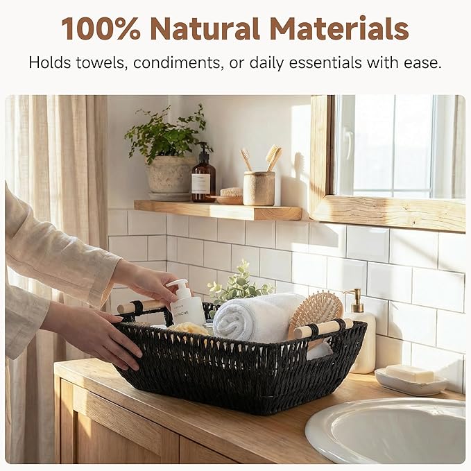 Storageworks Large Wicker Storage Basket, Paper Rope Storage Baskets, Black - Image 4