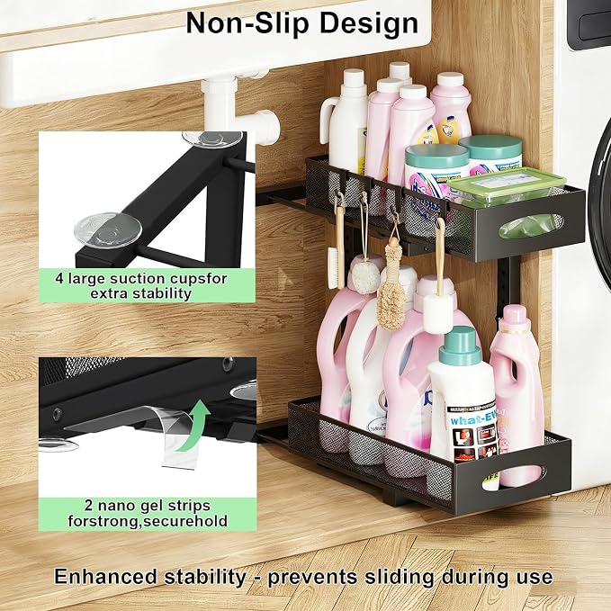 2-Pack Under Sink Organizer, 2-Tier Pull Out Cabinet Storage, Black | Rustproof Carbon Steel, Mesh Sliding Drawers, 5-Level Height Adjustable to Bypass Pipes, for Kitchen, Bathroom, Laundry - Image 5