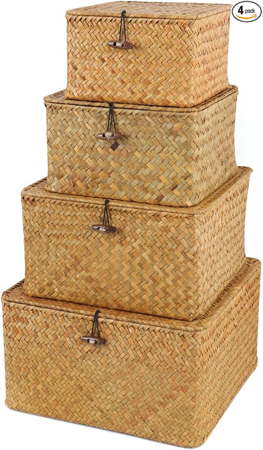 Moosky Wicker Shelf Baskets with Lid, Handwoven Seagrass Storage Basket Bins Square Gift Boxes for Shelves Home Decor Organizer (Natural, Set of 4) by Moosky