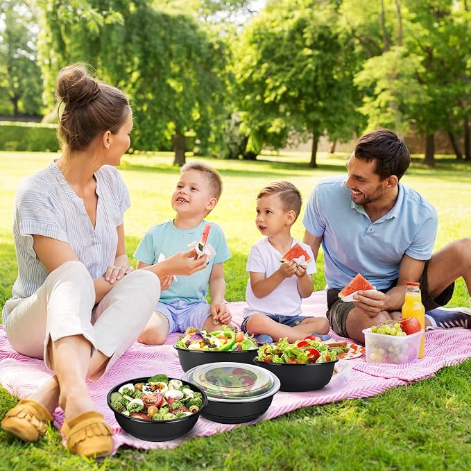 20 Pack 135 oz Large Plastic Serving Bowls with Lids Round Extra Large Disposable Salad Bowls Containers Chip Candy Dish for Salads and Snacks Party Picnic Buffet Eating(Black) - Image 3