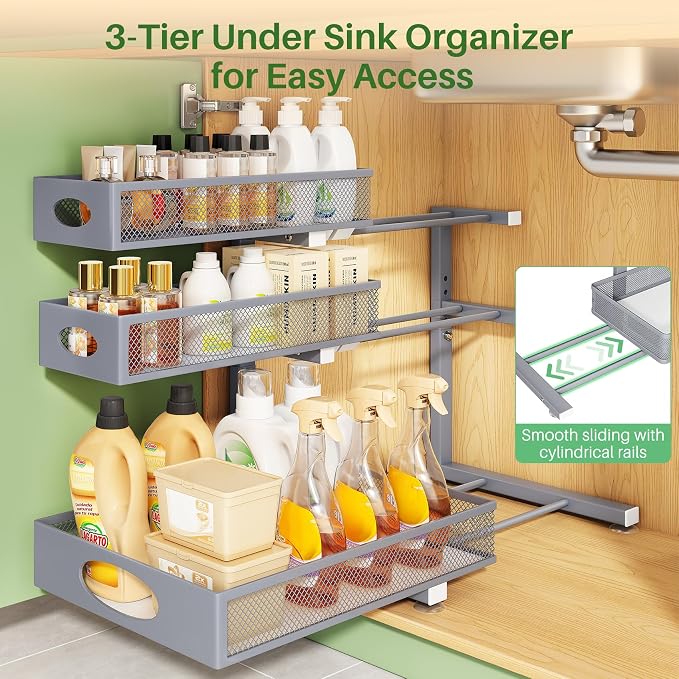 Kitstorack Under Sink Organizer 3-Tier Slide Out Drawer 2-Pack Grey | Height Adjustable, Metal Mesh Storage Rack, Pull out Cabinet Organizer Shelf for Bathroom Kitchen Pantry Home Organization - Image 4