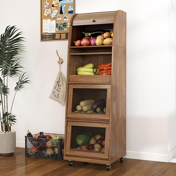 Movable Potato Storage Bins, Fruit Vegetable Basket, Kitchen Pantry Cabinet | Tall Large Potato and Onion Storage Bin, for Bread, Mid Century Modern, Wooden, with Sliding Door and Wheels, 4 Tier, Walnut - Image 6