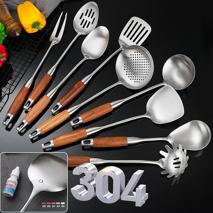 Stainless Steel Kitchen Utensils Set for Cooking Wooden Handle | 304-Healthy;Wooden handle-Anti-scald;Good length,hanging hole-Easy to store;Includes everything from spatulas to a masher - Image 7