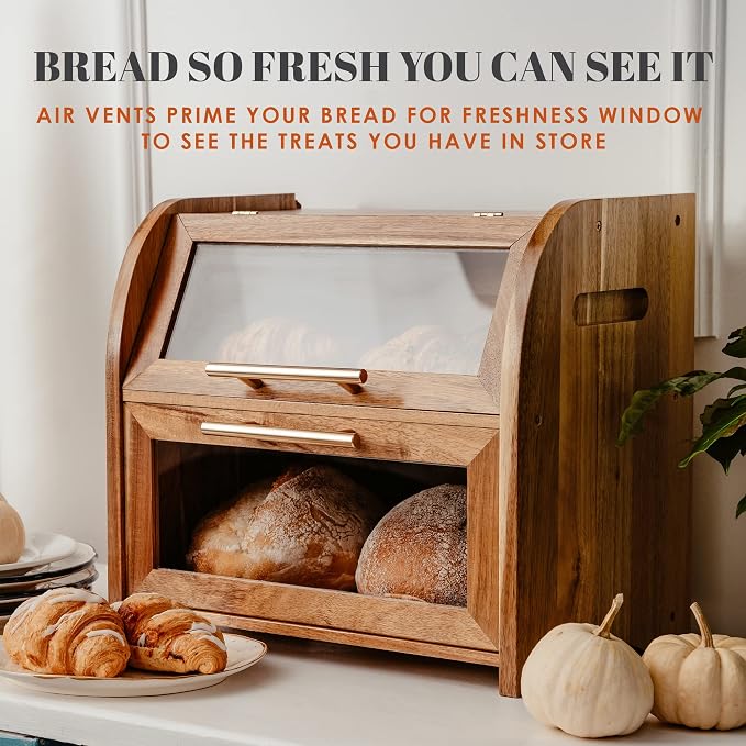 Arise Acacia Wooden Bread Box for Kitchen Countertop, Extra Large 2-Shelf | Bread Storage Container with Clear Windows & Air Vents, Bread Bin & Keeper, Keeps Bagels, Rolls & Buns Fresh, Self Assembly - Image 2