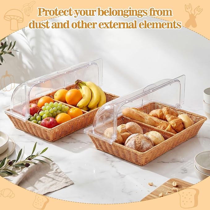 2 Set Wicker Bread Baskets for Serving with Clear Acrylic Roll Top Lid Woven Rattan Bread Basket Large for Fruit Food Picnic Summer Pool Party Outdoor BBQ(21.26 x 13 Inch,2 Compartment) - Image 5