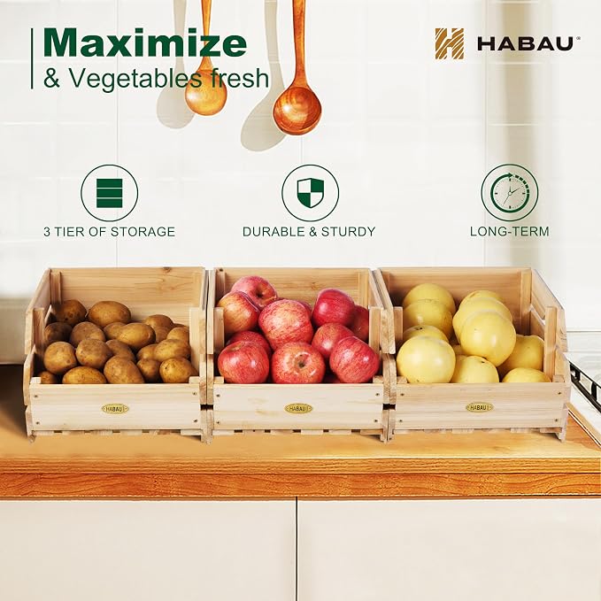 HABAU Wood Potato Onion Storage Bins - Wooden Stackable Produce Basket - Fruit Vegetable Storage for Kitchen Pantry Organization, Set 3 Pieces - Image 4