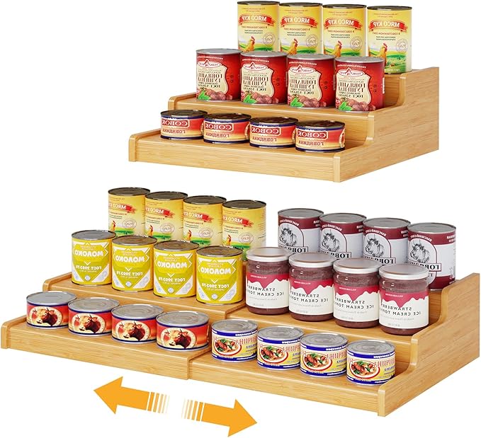 3-Tier Expandable Bamboo Can Rack Organizer for Pantry, Holds Up to 24 Cans | Adjustable Can Storage Holder, Soda Canned goods Organizer Display for Pantry, Cabinet, Countertop (patent pending) by NuoyuanShen