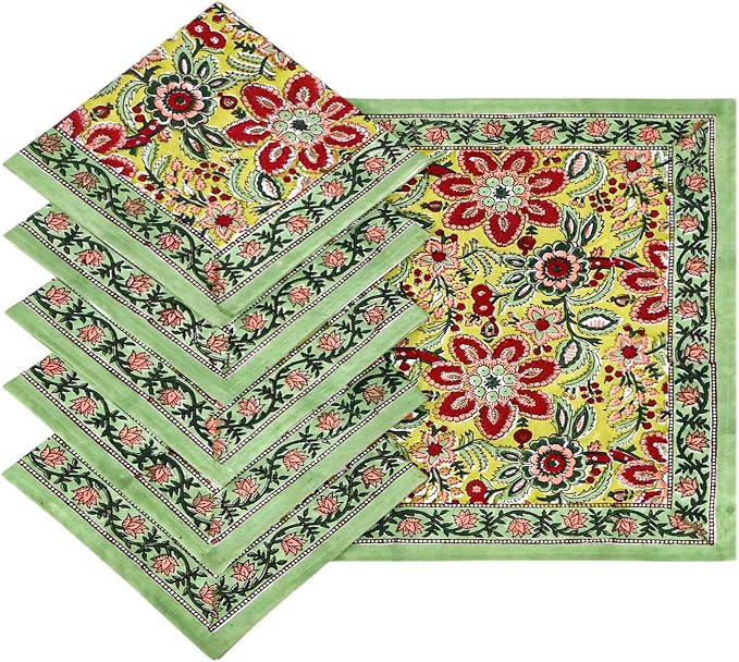 18x18 Inches Cotton Napkins Set of 4, Yellow Green, Washable Hand Block Printed Reusable Cloth Napkins for Dinning, Party, Wedding, Home Decor Autumn - Image 9