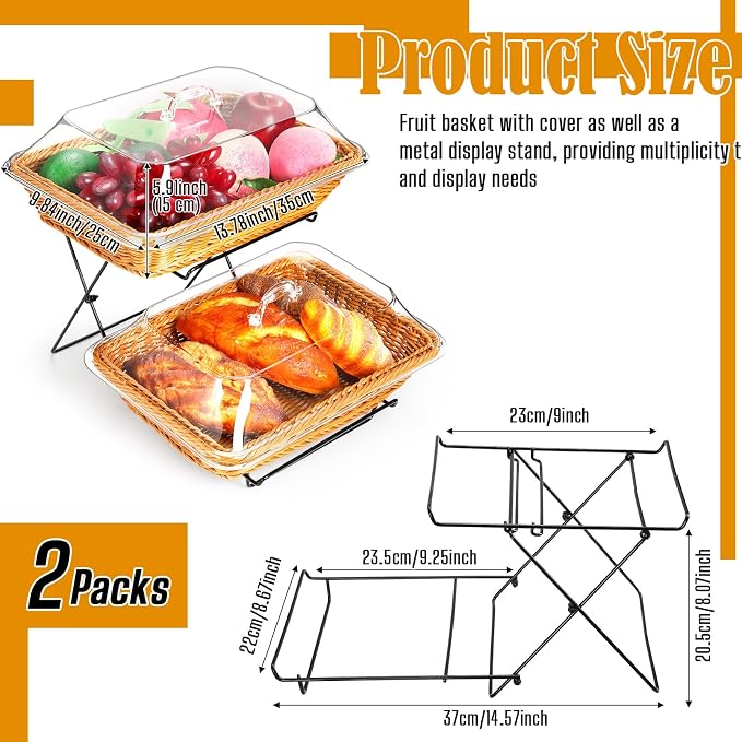 2 Pack Wicker Bread Basket for Serving, Imitation Rattan Bread Basket with Acrylic Lid and Metal Display Stand Rectangle Woven Fruit Basket with Cover for Food Display Tabletop 13.78 x 9.84'' - Image 2