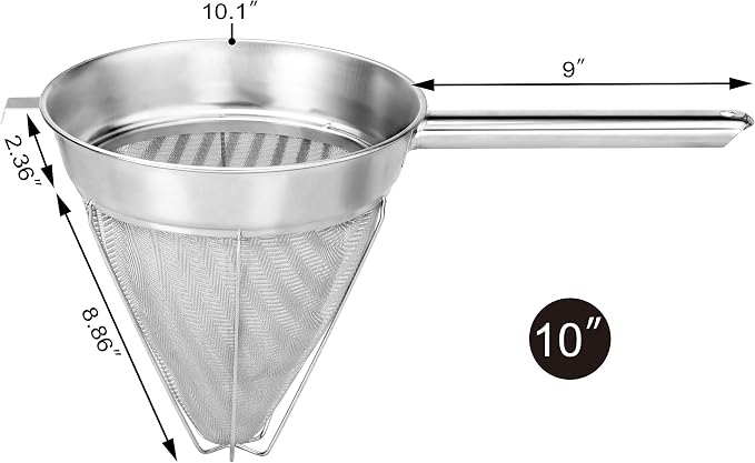 New Star Foodservice Chinois Mesh Strainer, Stainless Steel, Reinforced, Extra Fine Mesh, 10-Inch - Image 2