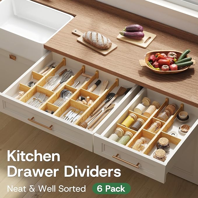 kiplant Bamboo Drawer Dividers - Adjustable Drawer Dividers for Kitchen, Clothes, Closet & Office - 6 Pack with Inserts, 18-22.6 Inches, Non-Slip Silicone Ends - Image 4