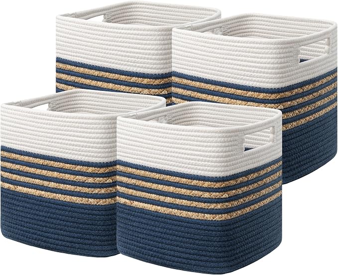 UBBCARE Set of 4 Storage Cubes 13 X 13 X 13 in, Water Hyacinth Storage Bins for Shelves, Book, Storage Baskets with Handles, Cotton Rope Woven Baskets for Organizing, Navy Blue by UBBCARE