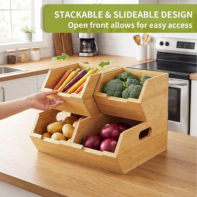 Bamboo Pantry Storage Bins Set, Potato and Onion Storage Bin for Countertop | Open Front Storage Bins, Large Capacity, Stackable Design, Cut-out Handles, FSC-certified Bamboo, No Assembly - Image 5