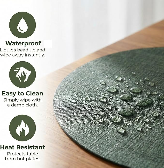 Placemats Set of 4 - Washable Heat Resistant Table Placemats - Wipeable Faux Leather Oval Place Mats, Waterproof Table Mats for Dining Table, Green - Image 2