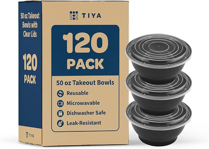 TIYA Food Containers - 50 oz Bulk 120 Pack with Lids - Plastic Bowl To-Go Containers - Reusable, Microwavable, Dishwasher Safe - Leak-Resistant for Soups & Meal Prep - BPA-Free by TTIYA
