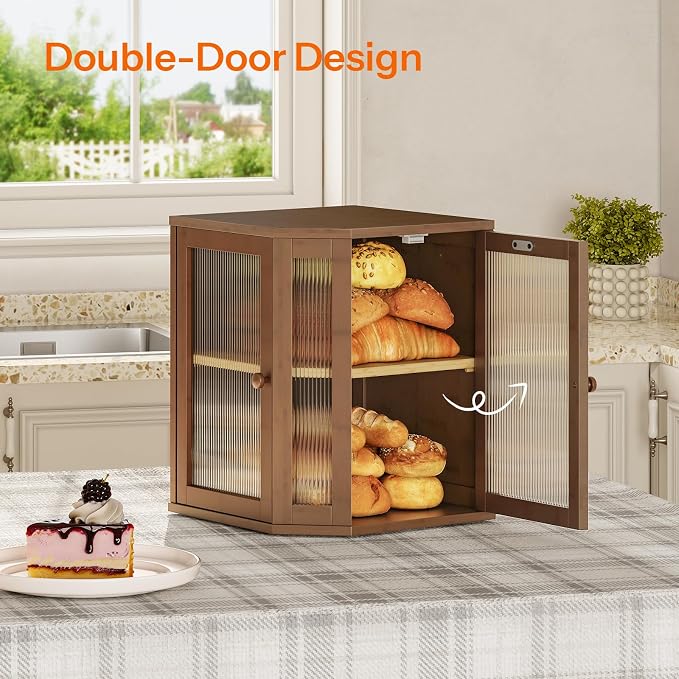 HOOBRO Bread Box, Bamboo Bread Box for Kitchen Countertop, 2-Tier Corner Bread Box, Large Capacity Bread Bin, Food Storage Box, Bread Storage Container for Kitchen, Dining Room, Brown BR12MB01 - Image 4