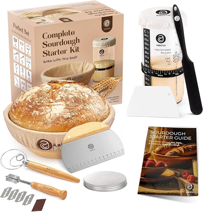 ABIOTO Sourdough Bread Starter Kit with Jar and Baking Supplies, 19 Pieces | Basic Sourdough Kit for Beginners - 9" Round Proofing Basket, Liner, 24oz Jar Set, Lame, Danish Whisk, Dough & Bowl Scrapers by ABIOTO