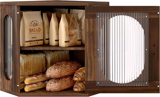 Alpeir Corner Bread Box for Kitchen Countertop, 3 Adjustable Height,Brown | Solid Pine Wood, Hold 2 Loaves, Strong Acrylic Window, Easily Care, Farmhouse Pantry Container for Home Baker, Family of 4 by AlpeirDirect