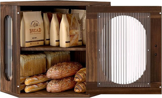 Alpeir Corner Bread Box for Kitchen Countertop, 3 Adjustable Height,Brown | Solid Pine Wood, Hold 2 Loaves, Strong Acrylic Window, Easily Care, Farmhouse Pantry Container for Home Baker, Family of 4 by AlpeirDirect
