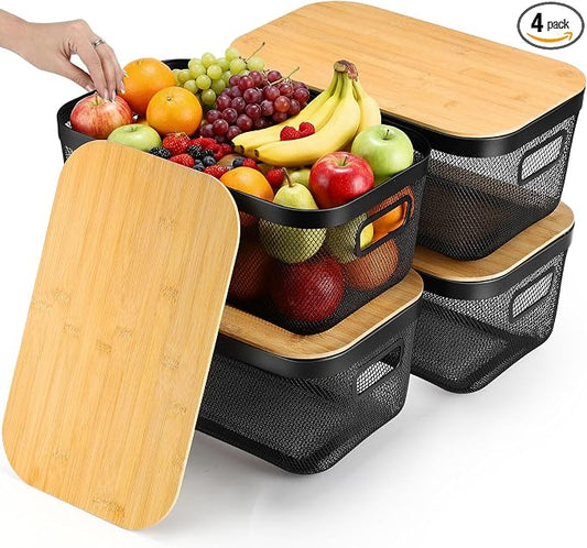 Sawysine 4 Pcs Metal Mesh Steel Basket with Handles and Bamboo Lids 16 x 9.8 '' Stackable Black Wire Basket Pantry Organization and Storage for Cabinets Shelves Kitchen Harvest by Sawysine