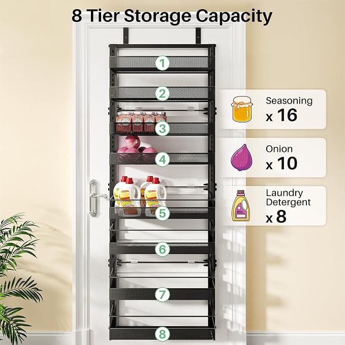 SNTD 8 Tiers Over the Door Organizer, 17" W x 6" D x 69" H, Black | Pantry Door Organizers and Storage, Height Adjustable Spice Rack, Dense Mesh Baskets, Anti-Swing, Adjustable Door Fastener - Image 7