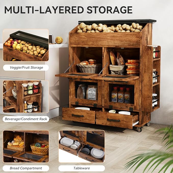 Verano Garden 31.5" Large Potato and Onion Storage Bin on Wheels, Bread Box | Fruit and Vegetable Organizer, Rolling, Side Rack, Flip-top, Mesh Doors, 4-Tier, Grocery Section, Ventilated, Wood, Kitchen - Image 3